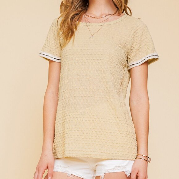 HEM & THREAD Light Green Textured Short Sleeve Top, Honeycomb Knit Blouse - Picture 1 of 5